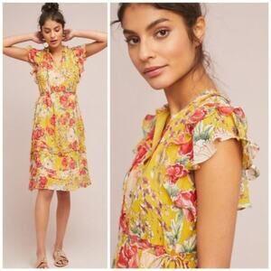 Anthropolgie Dolan Silk Midi Dress Floral Ruffle Tiered Side Ties Yellow Small